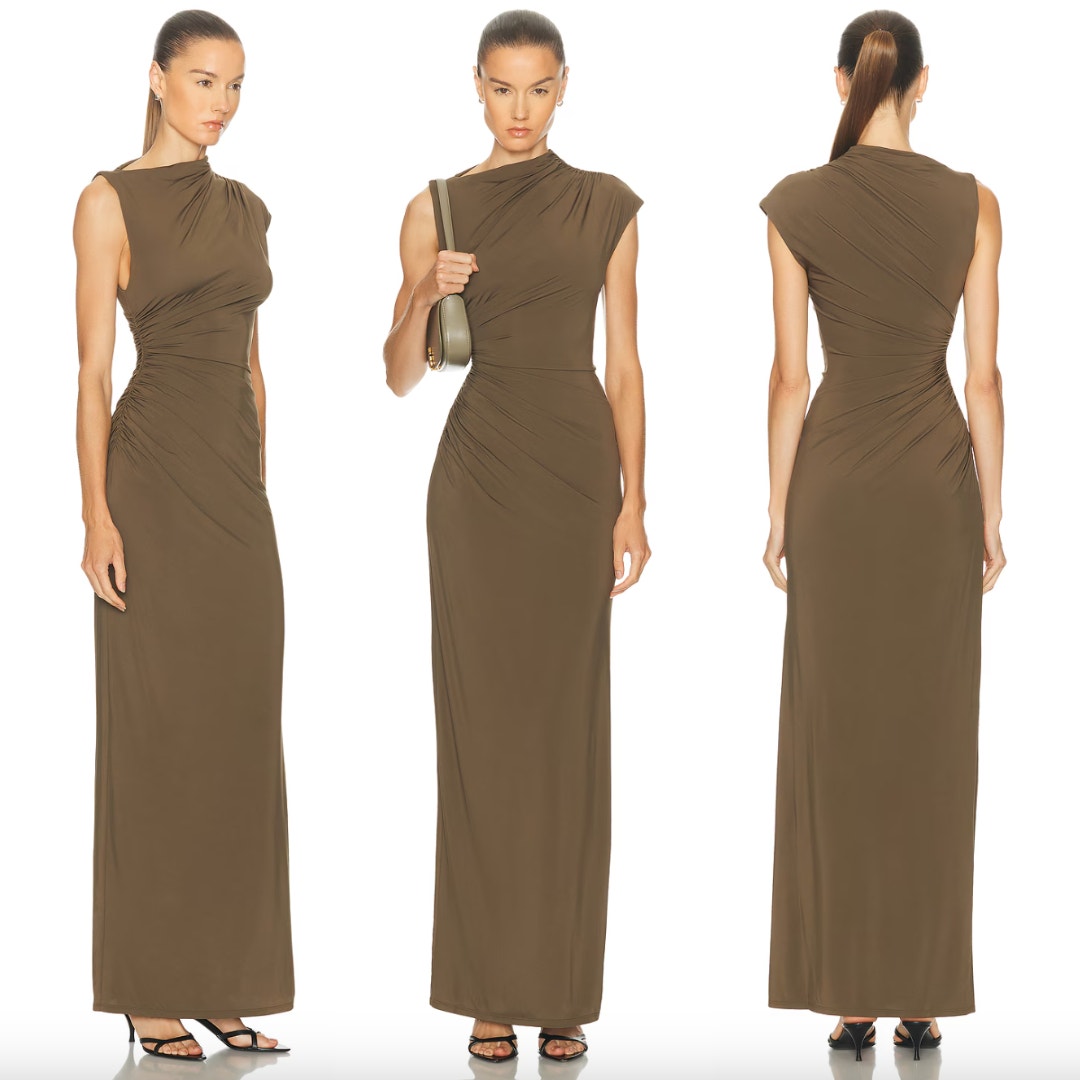 Eaves | Nwt Auda Gown In Olive Jersey Ruched Maxi Dress Xxs